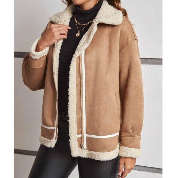 Luxe Vegan Suede Sherpa Lined Zip up Jacket Coat - Picture 7 of 9